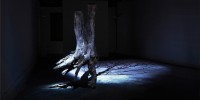 14_Andrea Santarlasci, L’altra luce del giorno, 2019, veduta dell’installazione (frammento di tronco di acacia con radice, sabbia