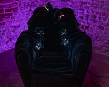 5_Cinzia Ruggeri, Vanity gatti, 1995, stuffed toy cats, LEDs, velvet, Poltrona Frau armchair, 94 x 99 x 91 cm, ph OKNOstudio